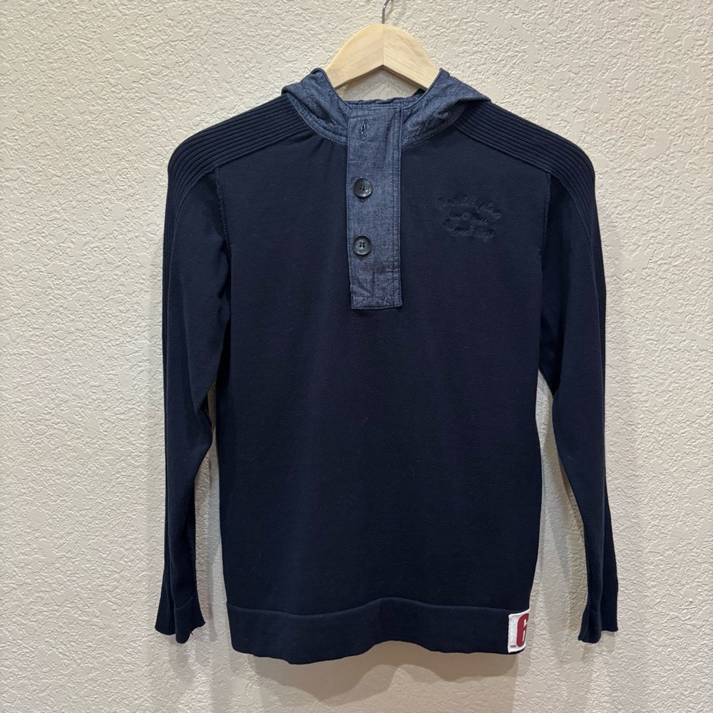 Zara Kids Navy Knit Henley Sweater W/ Contrast Hood Boy’s Size 11-12 Preppy